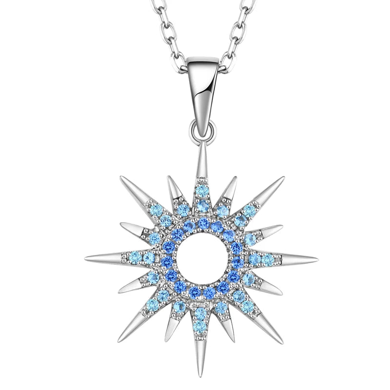 925 Sterling Silver Starburst Pendant Necklace with Studded Blue Zircon