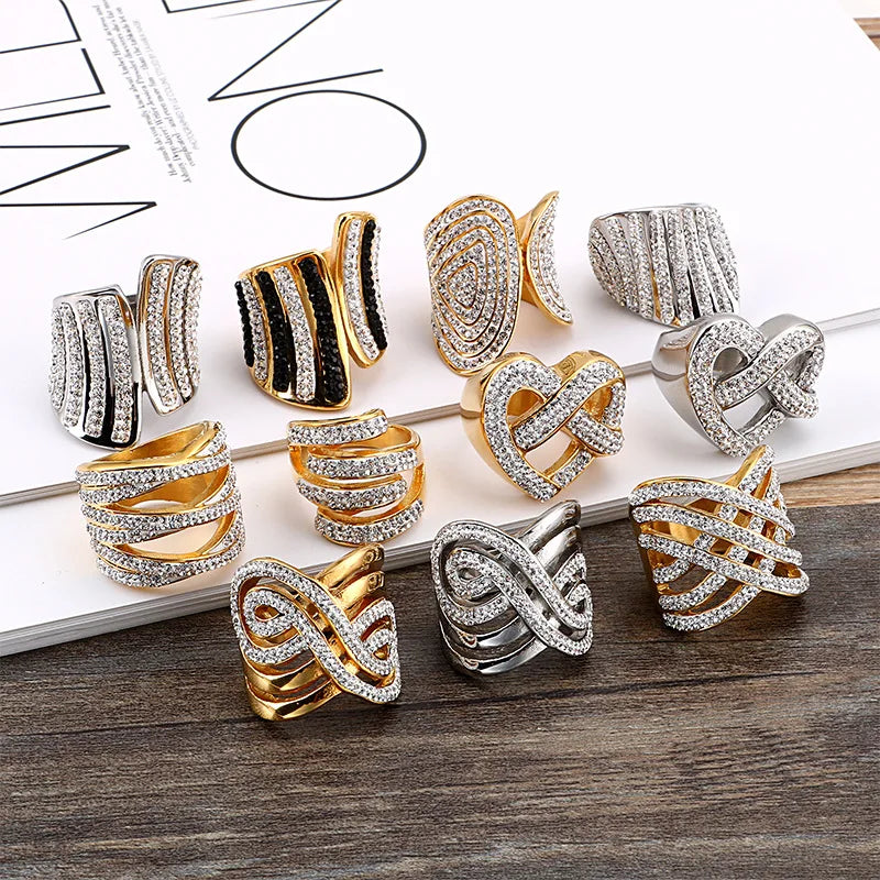 Fashion Crossover Full Pave Diamond Ring Mesh Interlocking Ring Gold Plated High Polish Stainless Steel Jewelry for Women