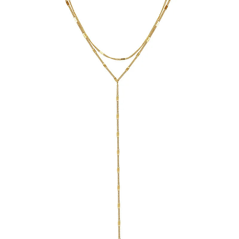 Simple Stainless Steel 18k Gold Plated Double Layers Clavicle Chain Necklace Long Tassel Y Shaped Side Chain Choker Necklace Set
