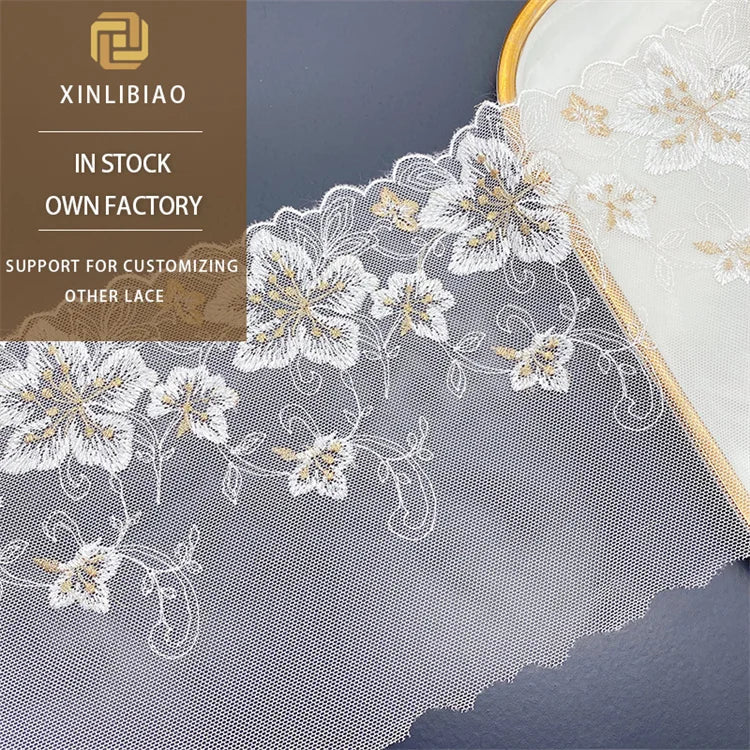 Netted Golden Embroidered Lace Dress with Lace Trim. Multiple Colors of Flowers Sewn with Thin Gauze Lace. Fashionable.