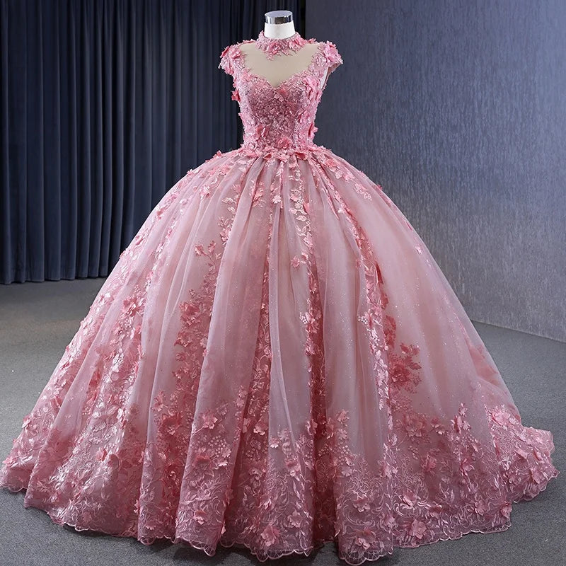 Jancember 231104 Pink Flower High Neck Ball Gown Evening Quinceanera Dresses