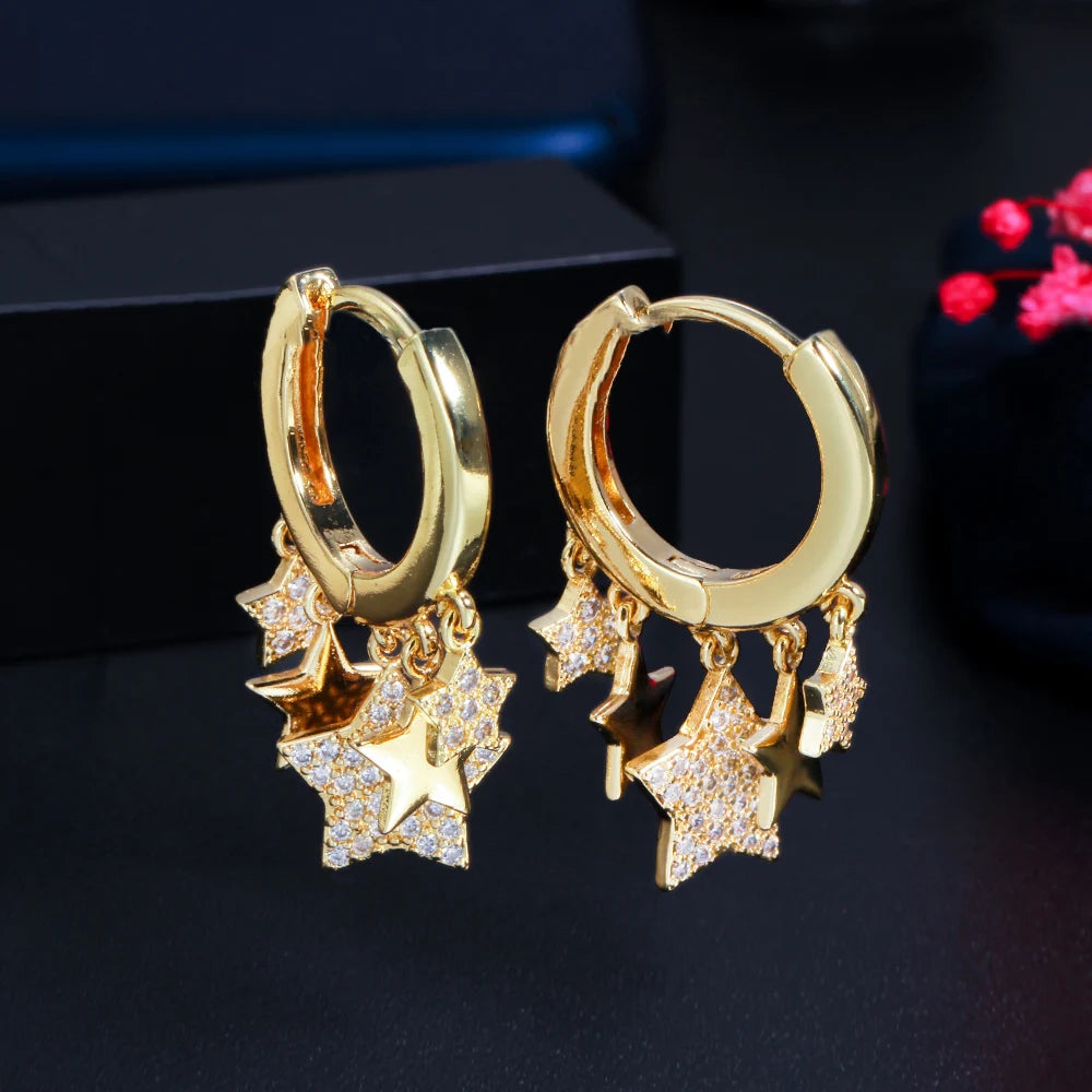 Glittering CZ Lucky Star Round Huggie Hoop Earrings with Charm Women Summer Party Brazilian Gold Plated Jewelry