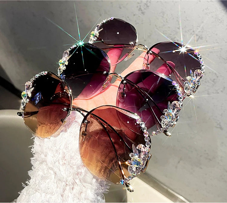 Sparkling Shades 2021 Bling Lady Frameless Sunglasses Diamonds Rhinestone Polarized Sunglasses Sun Glasses Women Sunglasses 2022