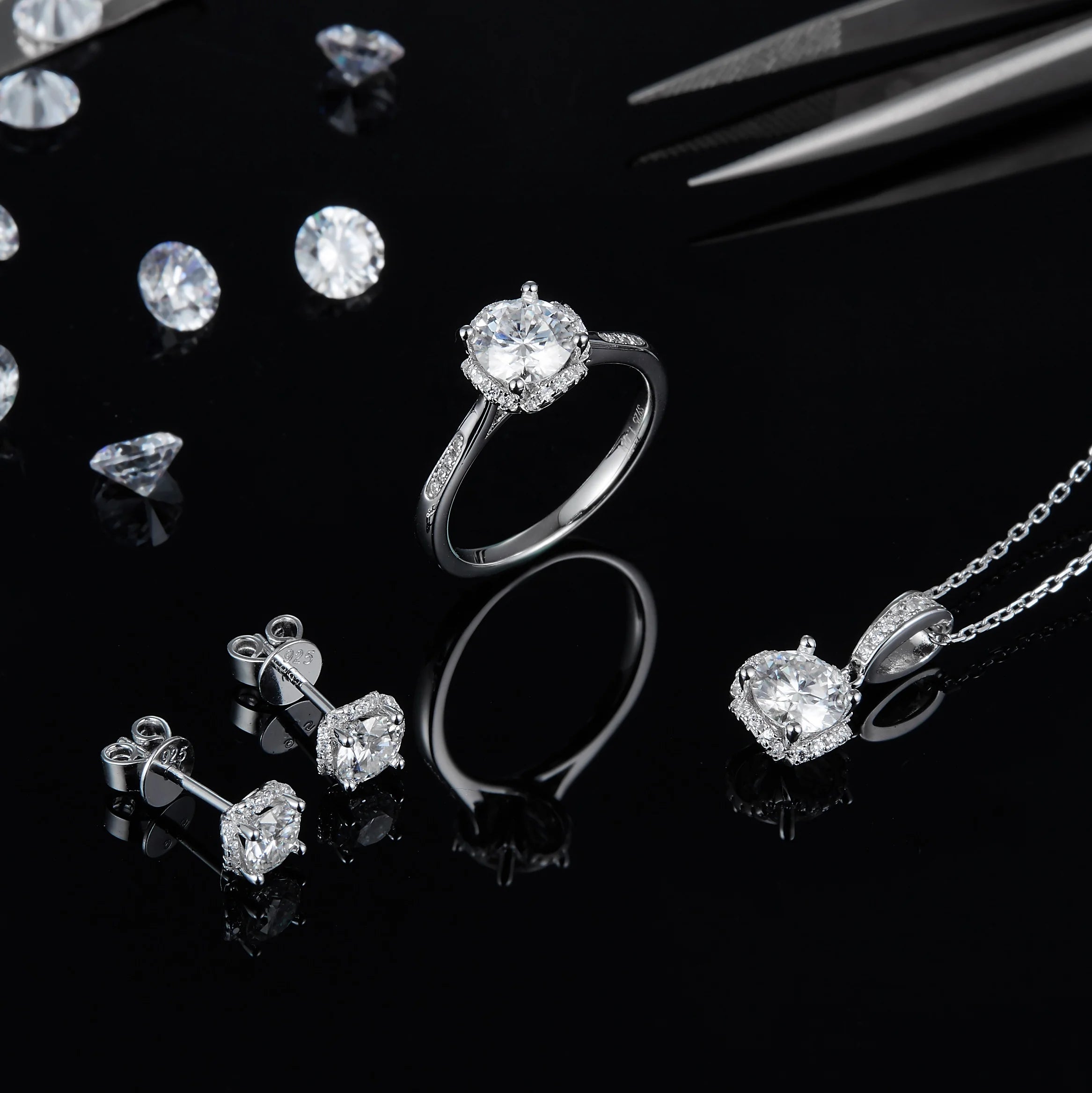 Abiding Jewelry Wholesale Silver Women Ring Necklaces and Earrings Jewelry Sets With Moissanite