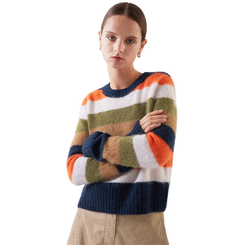 2026 Autumn Urban Leisure Women's Sweater Round Neck Multicolor Stripe Sweater Alpaca Wool Loose Pullover Sweater