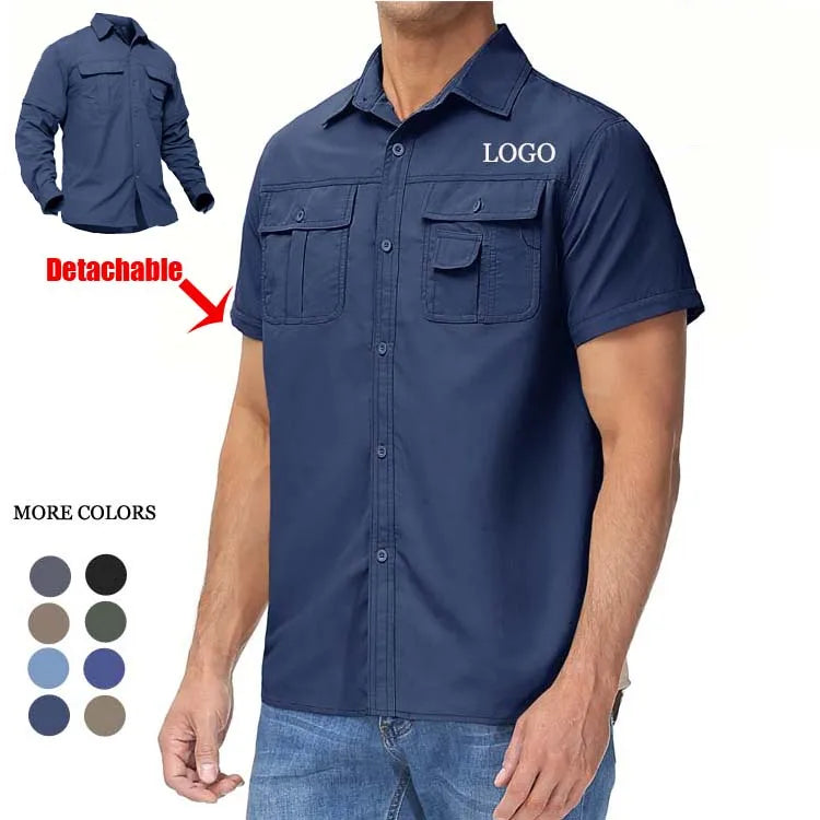 Men's Summer Quick Dry Shirt Removable Sleeves Mesh Button Pockets Turn Down Collar Breathable Shirt