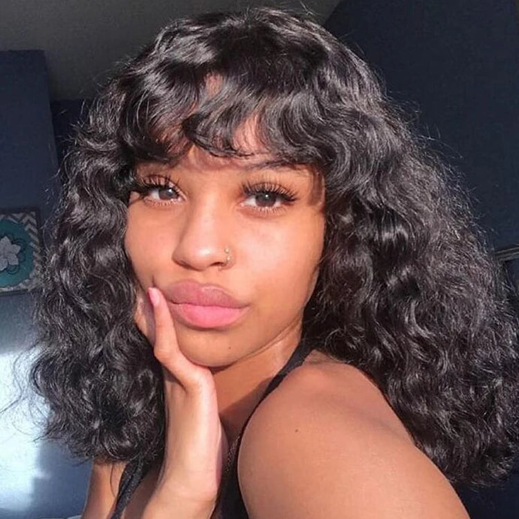 100% Human Hair Clip-In Curly Frontal for Black Women Natural Lace Toupee Base with Bangs Wigs and Extensions