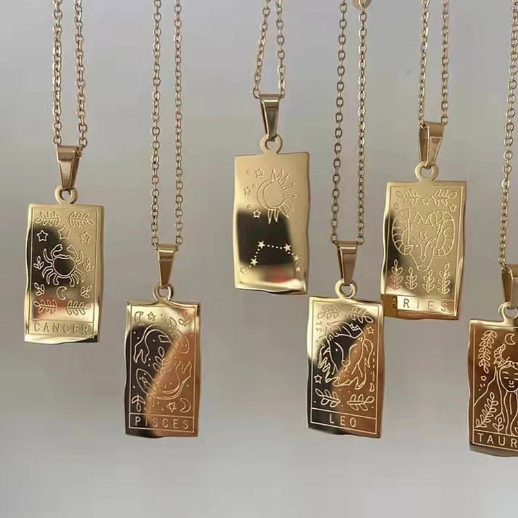 G366 Wholesale Gold Plated Stainless Steel Necklace Zodiac Geometric Square Horoscope Fashion Jewelry Women Men Necklace