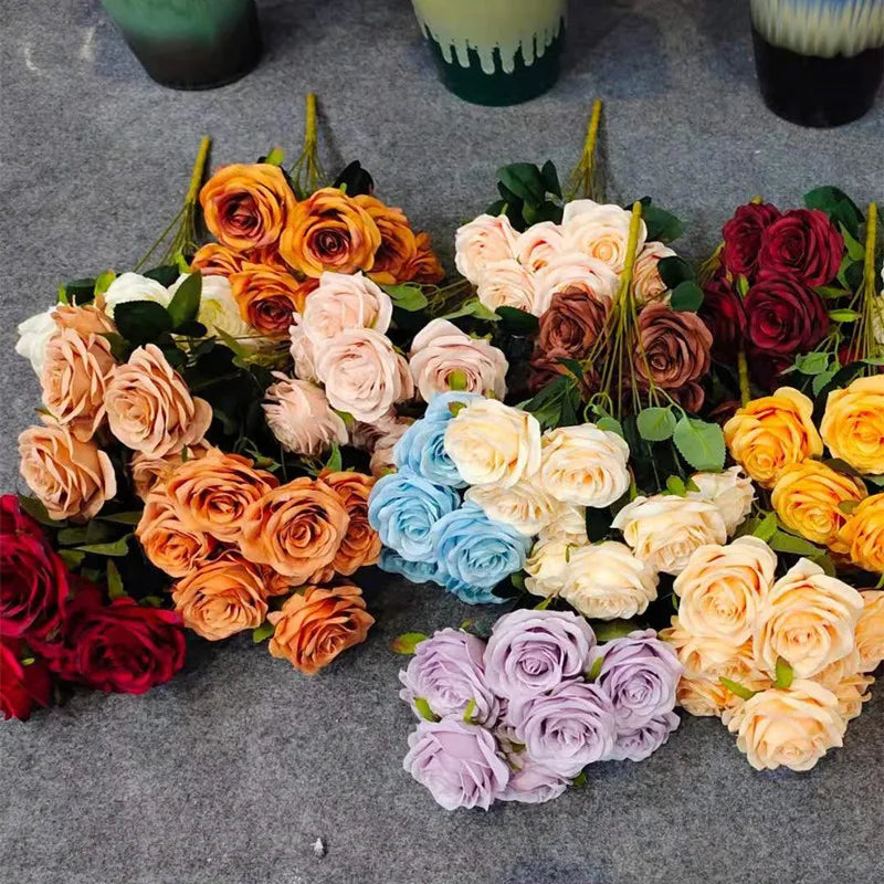 C-R039 Wholesale Simulation Silk Rose bunch 9 Heads Faux Artificial Flowers Bouquet for Wedding Home Decoration