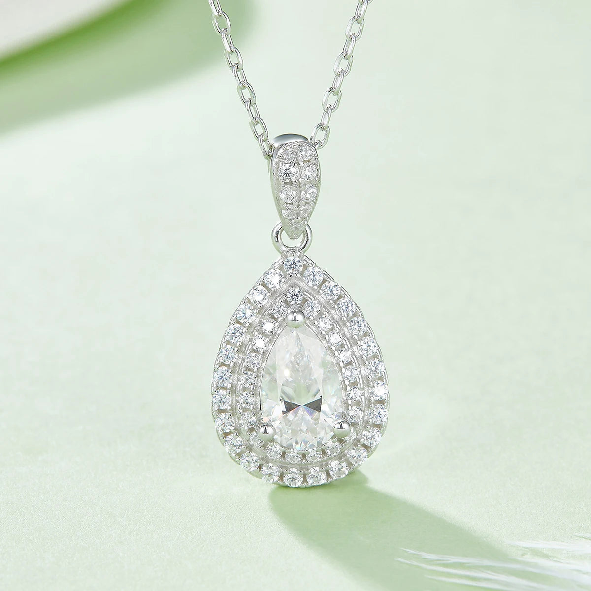 O93 Abiding Jewelry Wholesale Pear Shape 1CT Moissanite Diamond Stone Pendant 925 Sterling Silver Double Halo Necklace