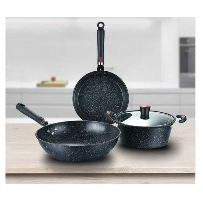 Hotsale 3 Pieces Cookware Pans and Pot Nonstick Pots and Pans Set Non Stick Stone Black Cookware Kitchen Cooking Set