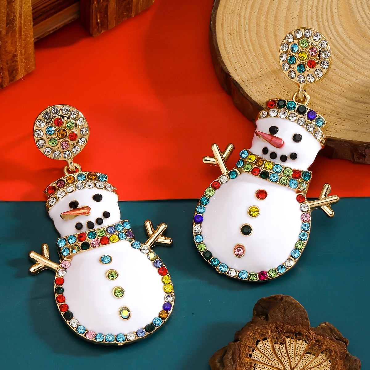 Christmas Cute Colored Rhinestones Enamel Oil Drops Women's Earrings Cartoon Design Snowman Women's Earrings