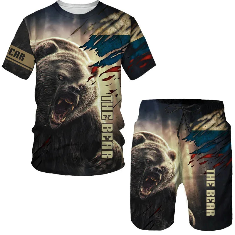 Russia Bear 3d Printing T-shirt Men's Summer Short Sports Suit Fashion T-shirt and Shorts Set for Men