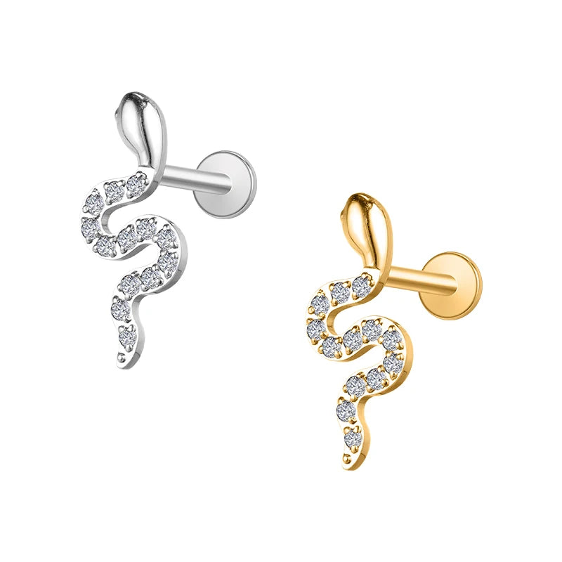 Luxury Gold Plated Titanium Stud Ear Piercings Zircon Paved Small Snake Flat Back Stud for Children's Labret Cartilage Gift