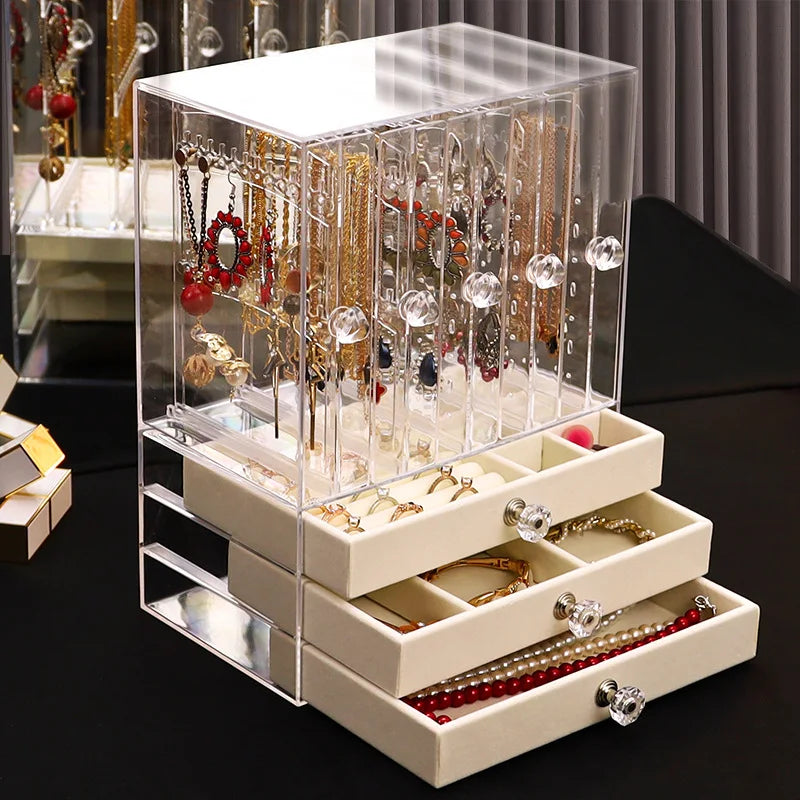 Gift -Large Capacity Transparent Jewelry Box for Earrings Hanging Necklace Ear Studs & Ear Clips Dustproof Accessory Storage