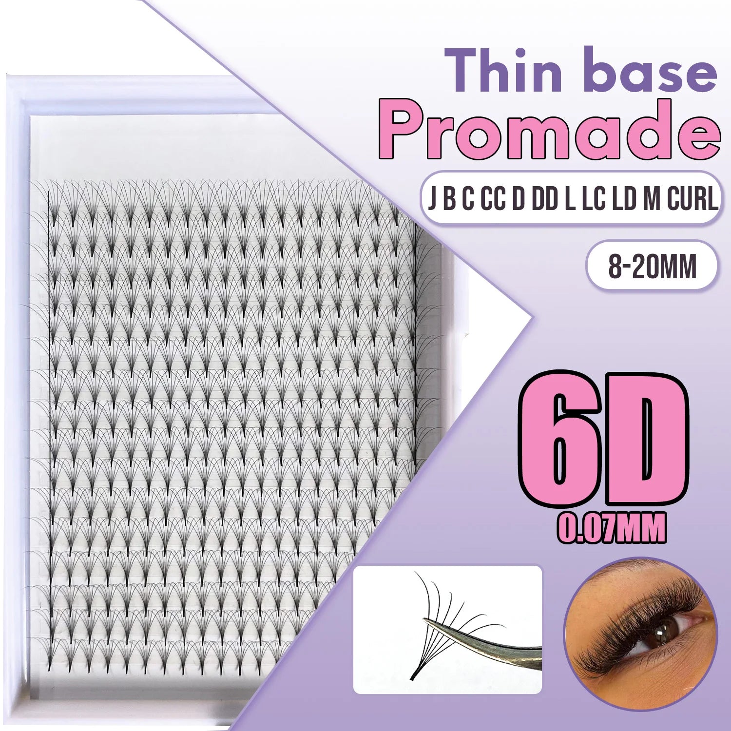 6D Popular Own Brand Large Wholesale Custom Lash Extension Tray Loose Fan Pointy Stem sharp Base Premade 0.07 Eyelash Extensions