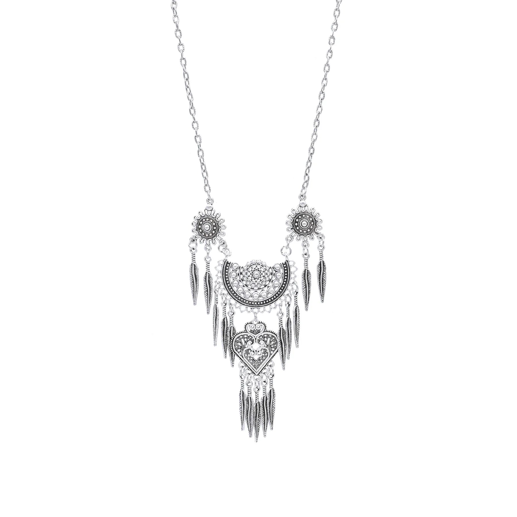 Turkish Style Pendant Necklace Vintage Bohemian Silver Carves Flower Statement Fringe Necklace