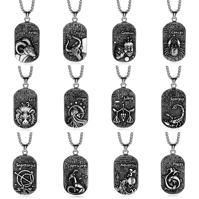 Zodiac Necklace Stainless Steel Pendant Necklaces Patron Saint Black Zircon Paved Gothic Fashion Punk Jewelry 2025