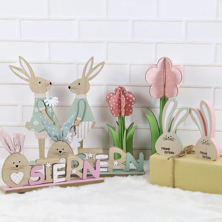 Wholesale Table Top Ornaments Rabbit Egg Painting Easter Gifts Craft Wooden Bunny Decoration Set