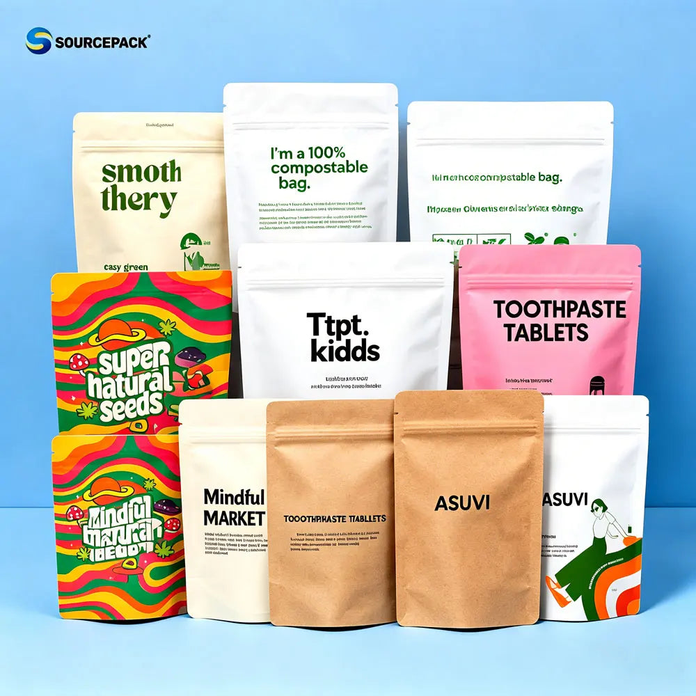 Eco PLA Compostable Stand up Pouch Craft Brown Bag Custom Logo Biodegradable Kraft Ziplock Food Packaging Paper Bags