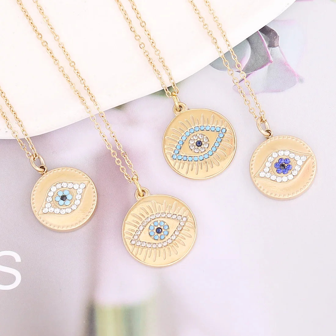 Nabest Women Stainless Steel Turkish Evil Eyes Rhinestone Necklaces Jewelry Gold Plated Enamel Drop Oil Pendant Chokers