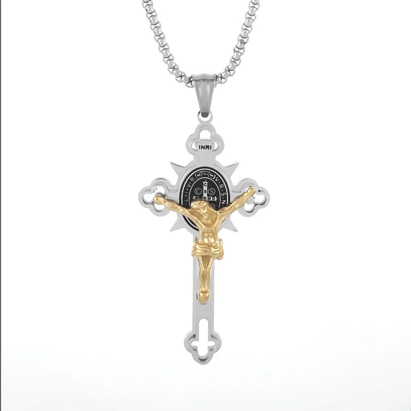 Popular Fashion Cool Stainless Steel Necklace Religious Gold Silver Jesus Necklace Vintage Cross Pendant Necklace for Men