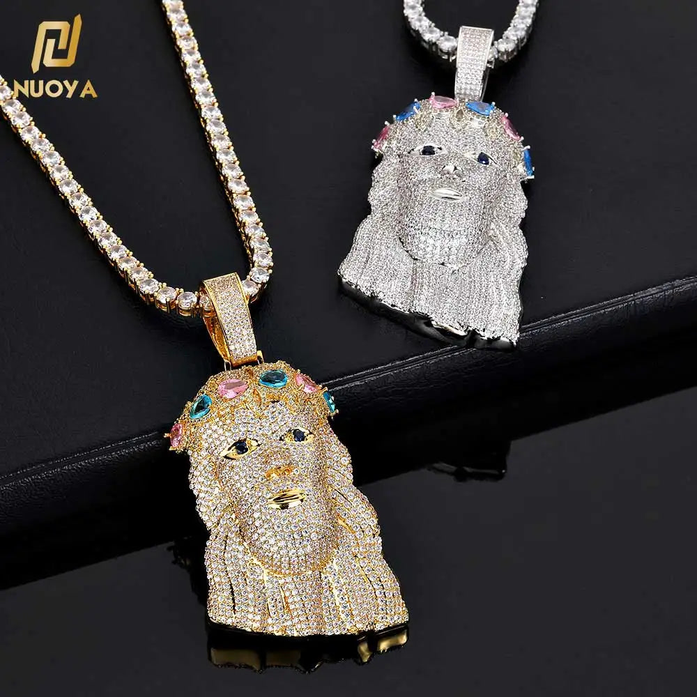 NUOYA Mens Diamond Jesus Head Pendant Inlaid Colorful Zircon Silver Gold Jesus Face Christ Pendant