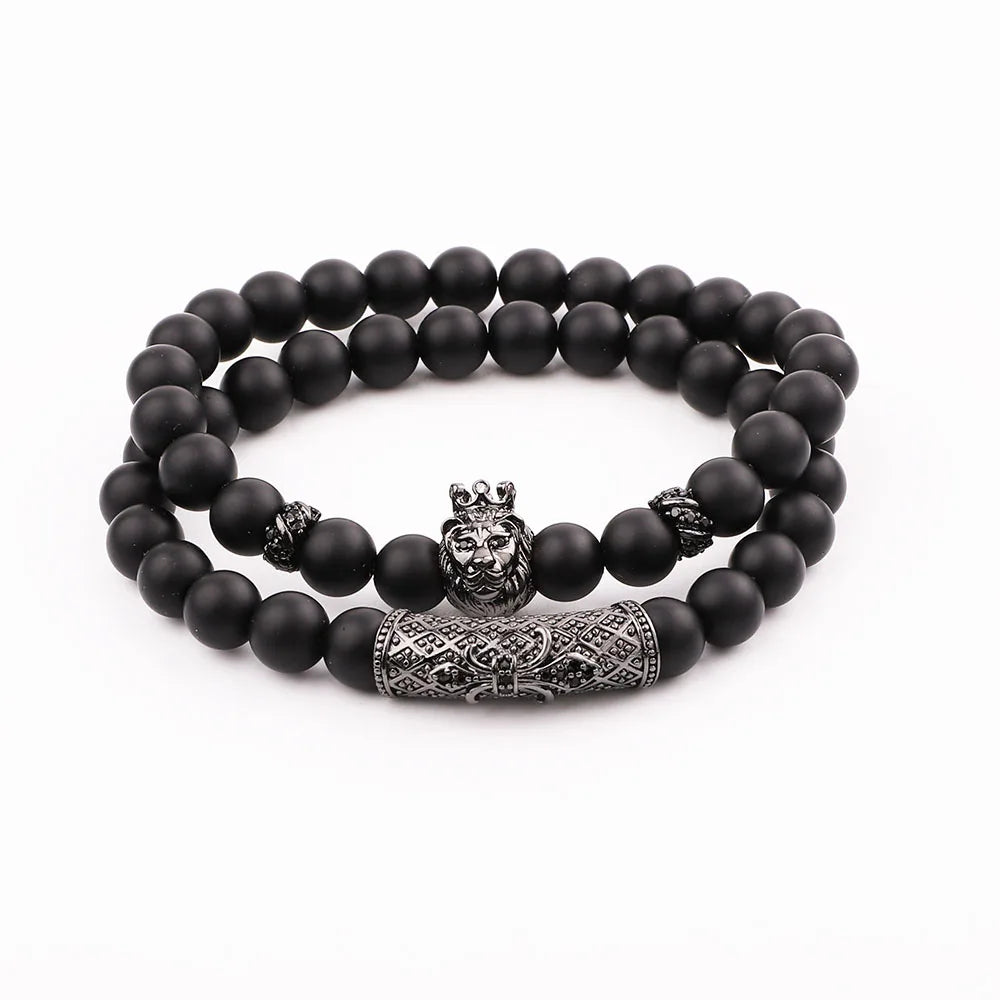 New Design Men Bracelet Black Onyx CZ Lion Charm Natural Stone Beads Elastic Bracelet Set Men JBS11654