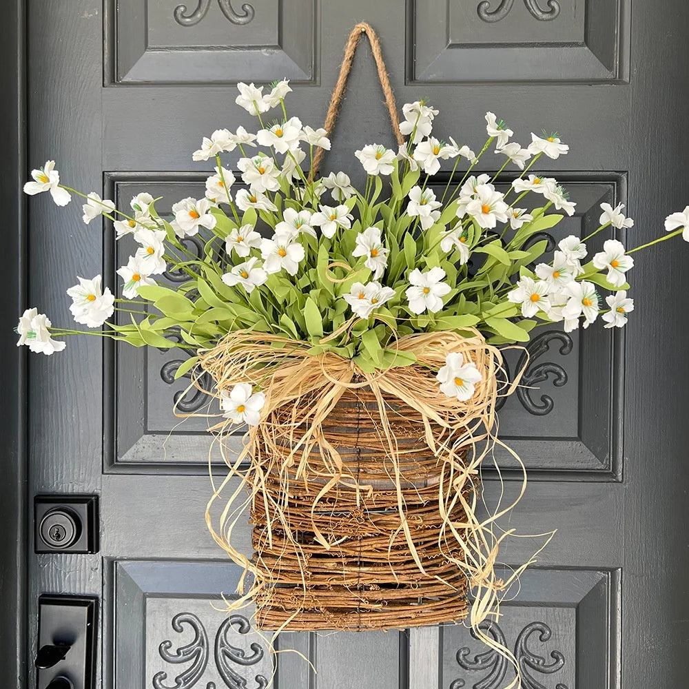Cross-border Spring Flower Basket Fabric & Rattan Small Daisy Wreath 35x20cm Outdoor Basket Decoration