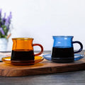Portable Wholesale High Borosilicate Glass Blue Yellow Coffee Milk Water Tumbler Saucer Set with Handle