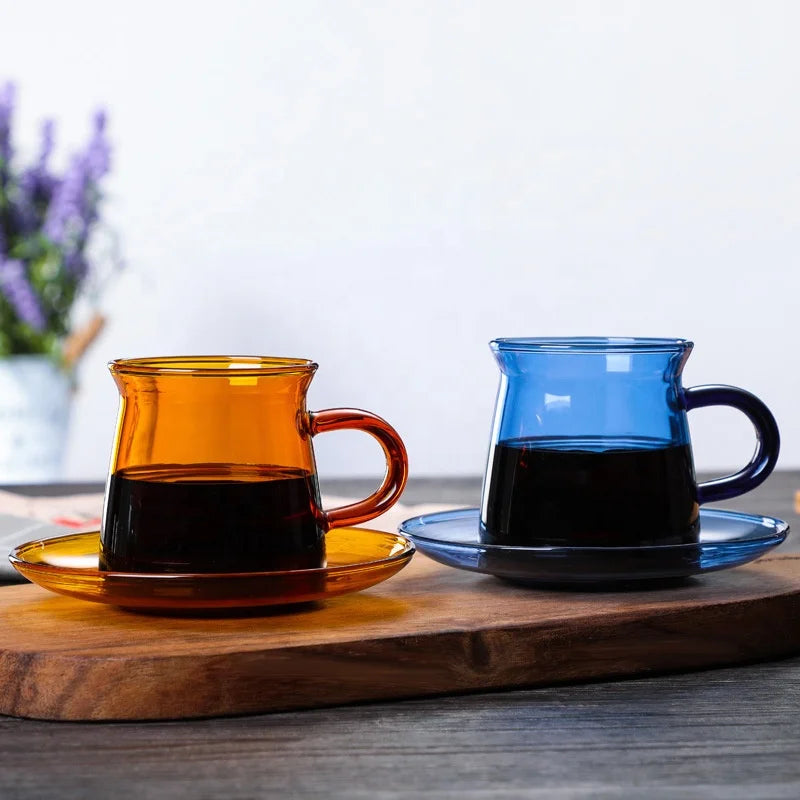 Portable Wholesale High Borosilicate Glass Blue Yellow Coffee Milk Water Tumbler Saucer Set with Handle