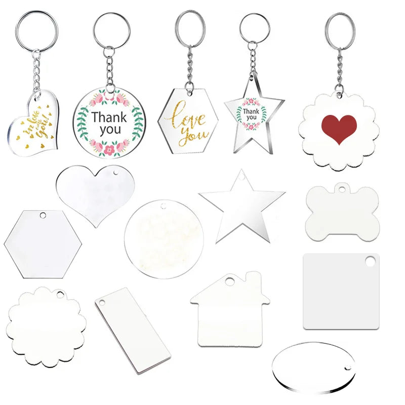15pcs DIY Blank Acrylic Keychain Transparent Custom Key Chain with Tassel Keychain Accessories