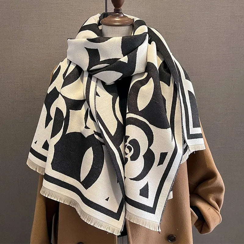 Women's Winter Warm Double-Sided Pashmina Scarf Camellia Flower Geometric Pattern Red Cashmere Shawl Spring Winter Accessory