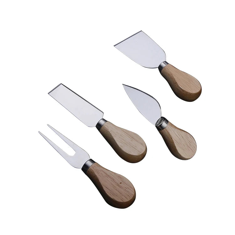 Wooden Bamboo Handle 4 Pcs Cheese Pizza Knives Set Stainless Steel Cheese Cutter for Parties Wedding Christmas Birthday