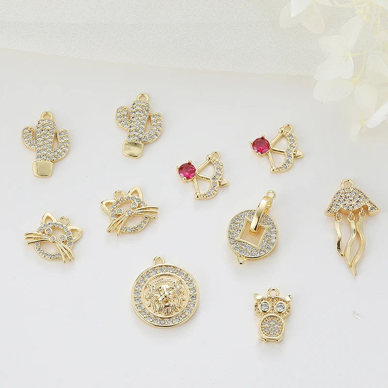 Cute Animal Shaped Brass Pave CZ 14K Gold Plated Bracelet Charms Pendant Bulk for Jewellery Making Accessories