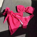 Solid Waffle Crinkle Bandeau Bikini Outfit Front Metal O Ring Knotted Wrap Cover up Skirt Women Tropical Vacation Bathing Suit
