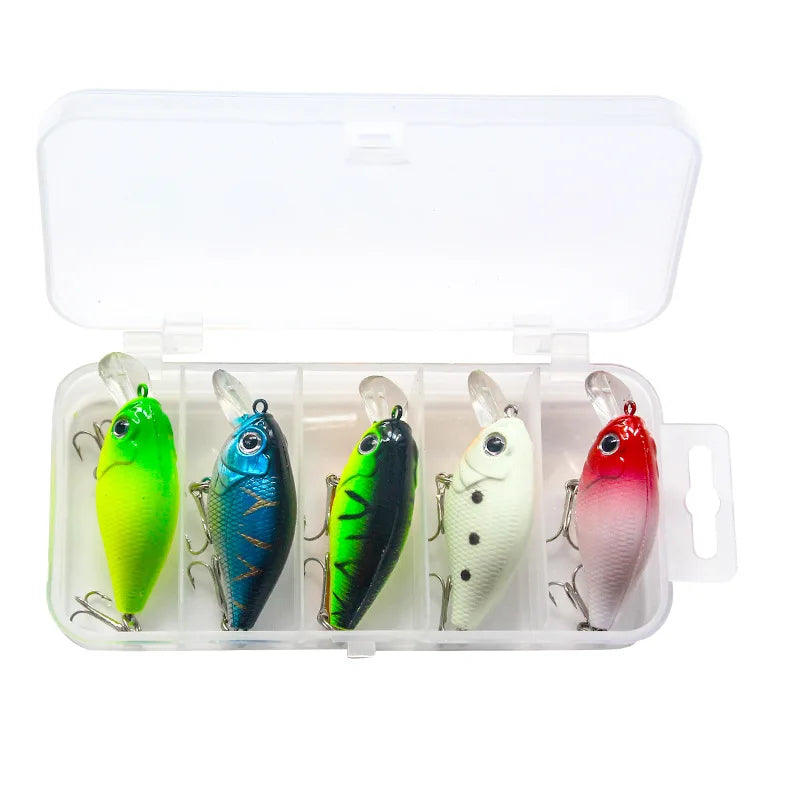 5pcs Fishing Bait Set Top Water Crank Bait Plastic Fish Lure Rock Golden Ocean Beach