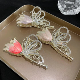 Rose Flower Pink Enamel Shark Clip Fashion Head Ornament Hair Claw Catch Clips Back Head Metal Alloy Hairpin