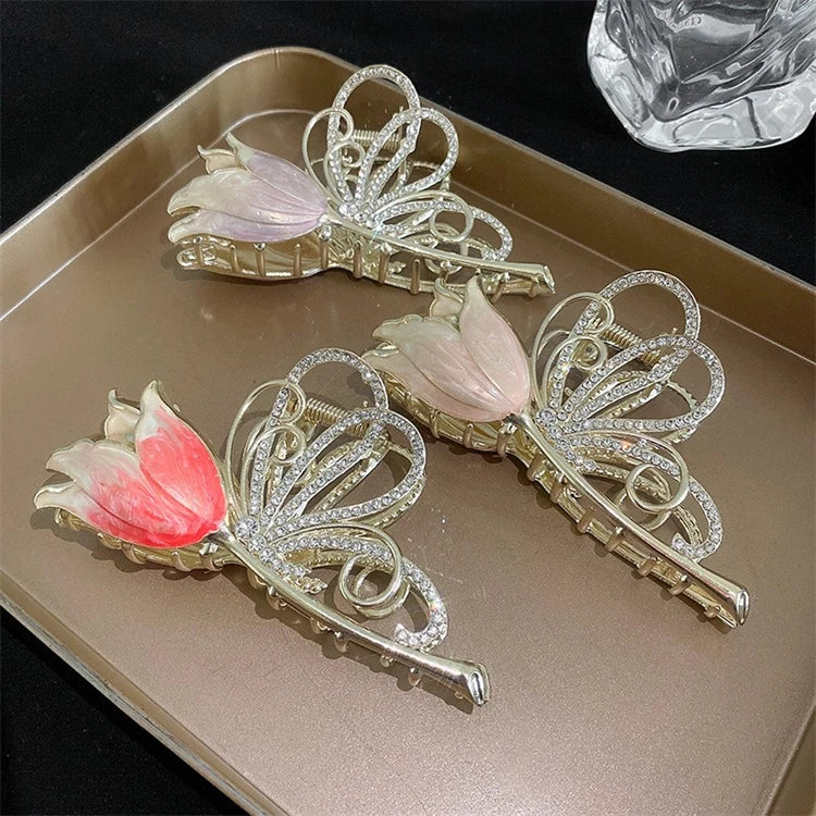 Rose Flower Pink Enamel Shark Clip Fashion Head Ornament Hair Claw Catch Clips Back Head Metal Alloy Hairpin