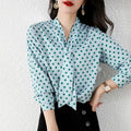 9717# Polka Dot Bow Tie Top New Casual Wild Long Sleeves Blue Dot Chiffon Women's Blouses