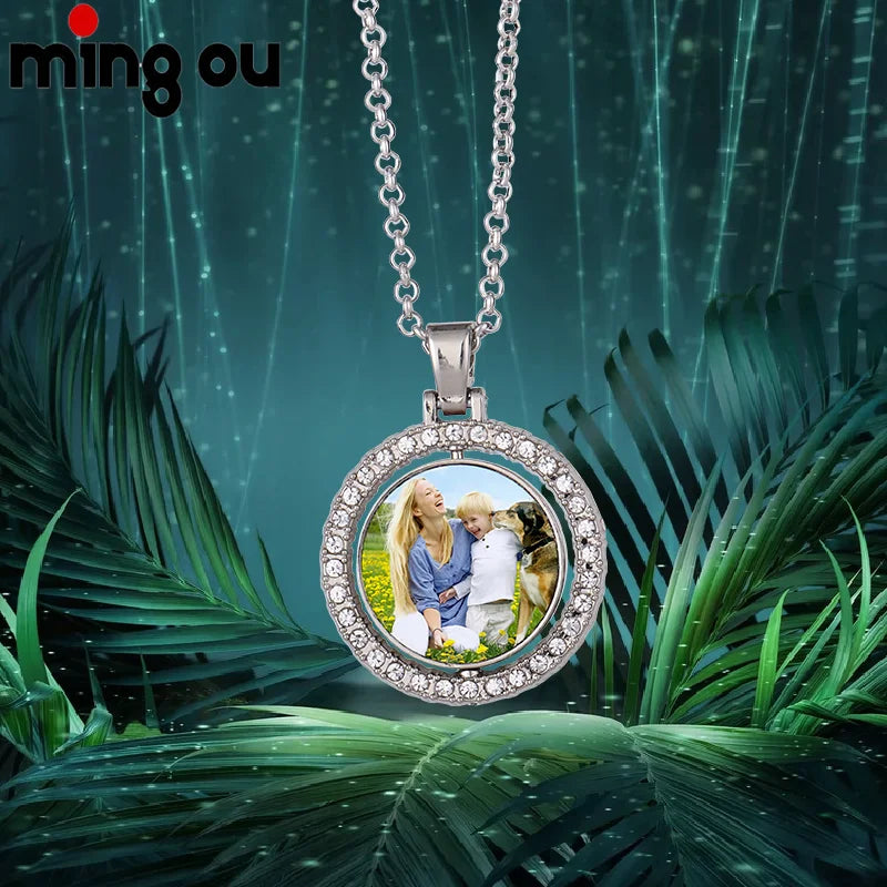 Metal Crafts Necklace New Fashion Jewelry Sublimation Rotatable Round Pendant Necklace