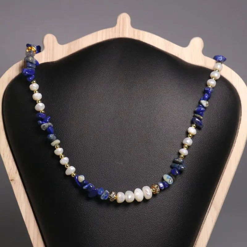 Dainty Irregular Gemstone Choker Healing Natural Stone Lapis Lazuli Beaded Clavicle Necklace Baroque Pearl Jewelry for Women