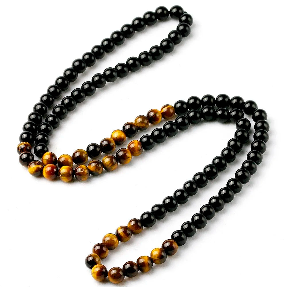 Men's New Design Handmade Black Onyx Tiger Eye Stone Bead Necklace Gold Plated Fashion Jewelry Wedding Gift for Women