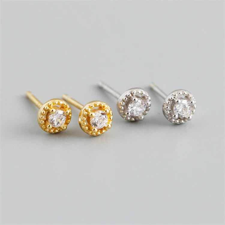 Simple Trendy 925 Sterling Silver 18k Gold Plated Mini Round Diamond Zircon Stud Earrings for Women