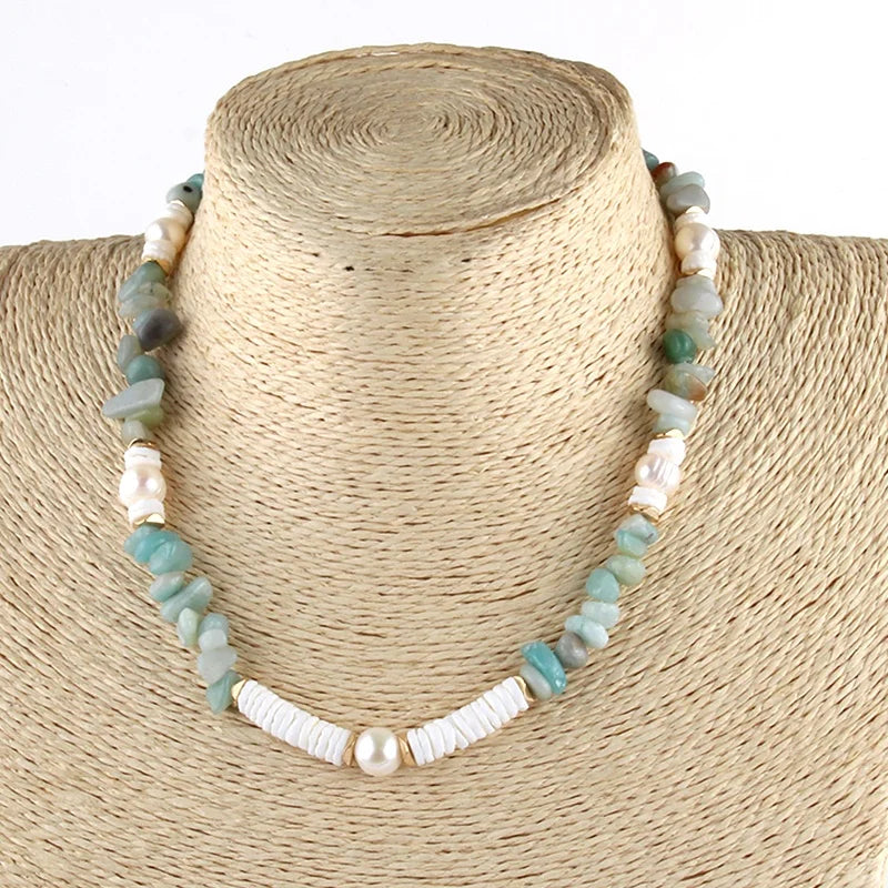 Beautiful Women Bohemian Jewelry Gift Natural Gemstone Amazonite Gravel White Shell Collar De Perlas Choker Necklace
