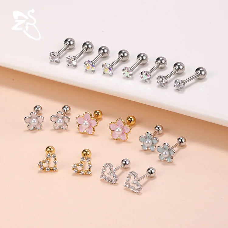 HOVANCI Stainless Steel Rose Flower Stud Earrings with Crystal Rhinestone Silver/Gold Plated Cute Style for Ear Piercing