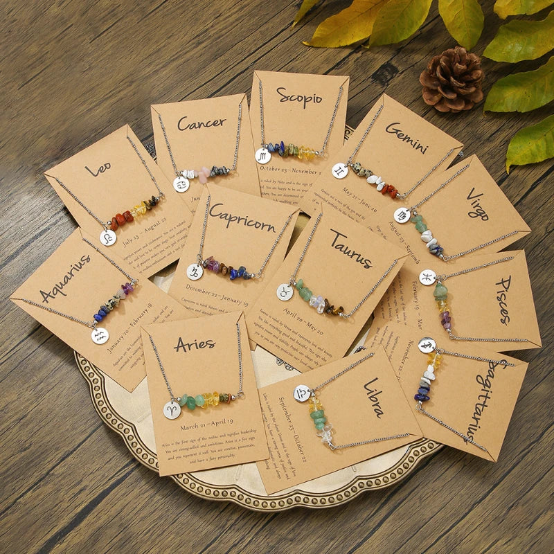 G3979 Wholesale Stainless Steel Crushed Stone 12 Zodiac Sign Necklace Bracelet with Card Fashion Jewelry