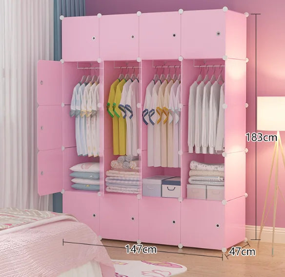 Modern Pink Plastic Lockable Modular Wardrobe Easy-to-Assemble Portable Closet Cabinet for Home Bedroom and Living Room