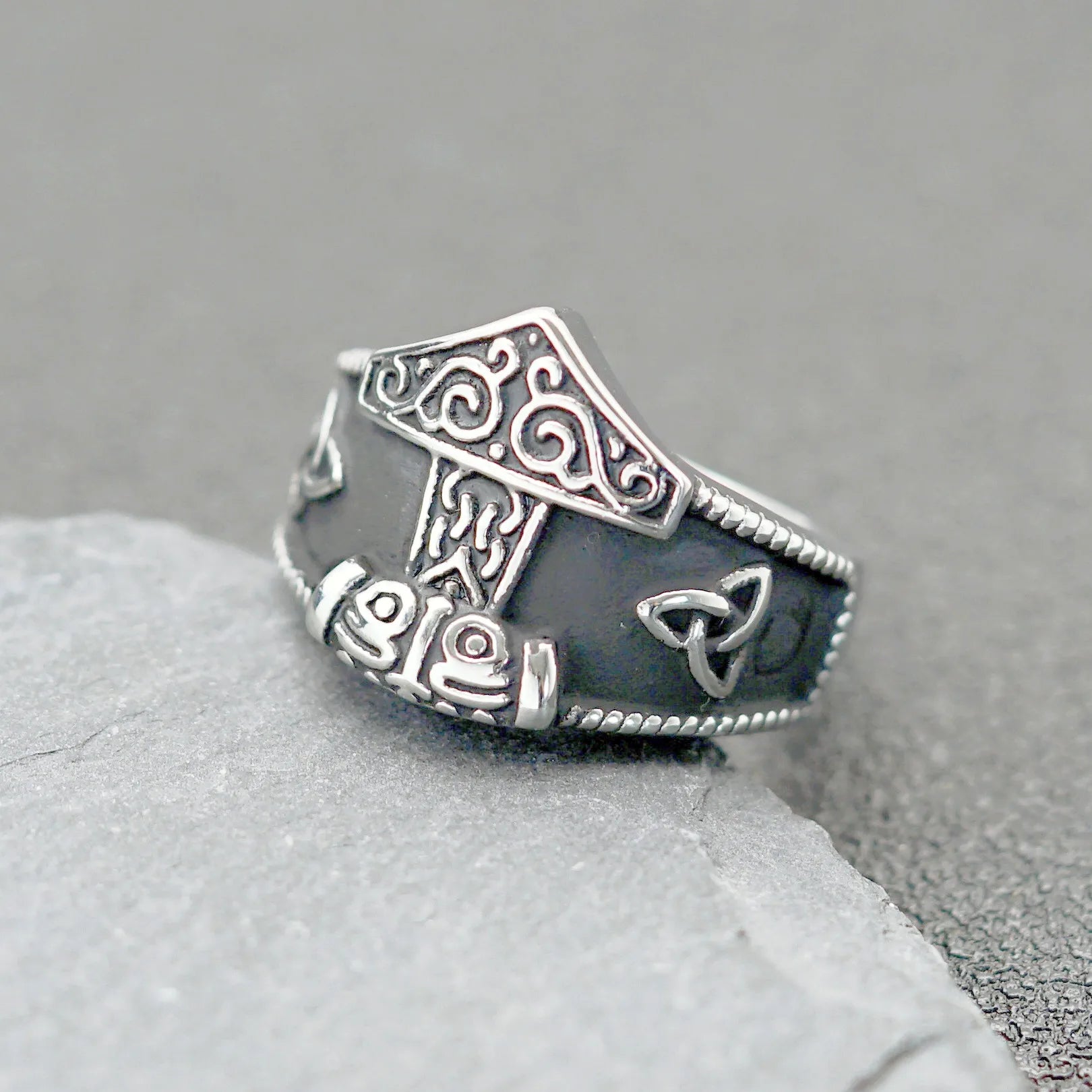 Stainless Steel Silver Plated Viking Rings Jewelry Men's Thor's Hammer Celtic Odin Ring Classic Norse Myth Rune Shape Gift Ring