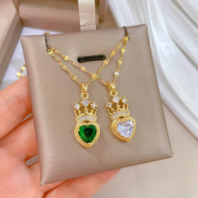 Wholesale Fashion Crown Necklace for Women Heart Shape Crystal Zirconia with Link Chain for Anniversary Occasions